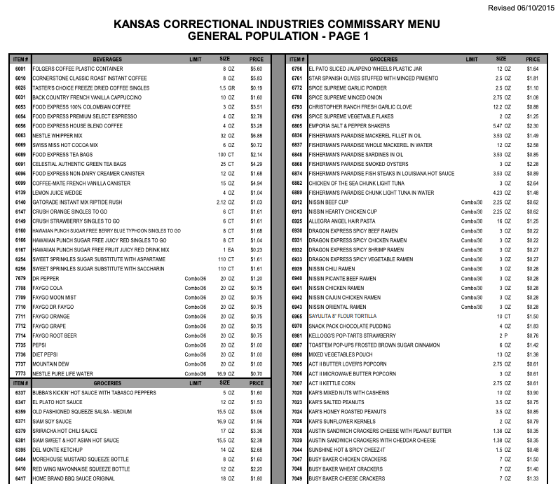 commissary items for people in prison in kansas